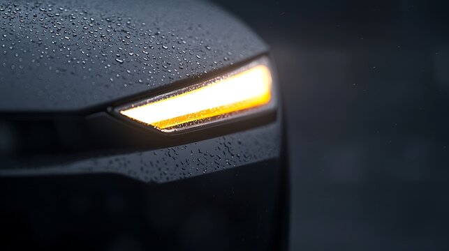 Modern Automotive Headlight with Rain Droplets