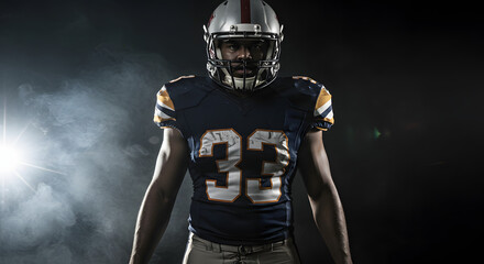 Naklejka premium American Football Player Wearing Dark Uniform Helmet Standing in Studio Setting