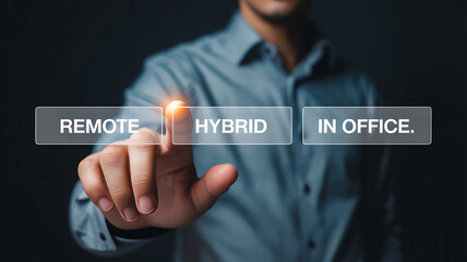 Man touching hybrid work option on screen hand button