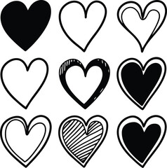 Collection of nine hand drawn heart shapes silhouette