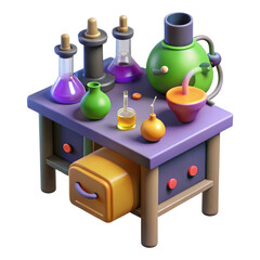 3D cartoon laboratory table with colorful beakers vials and flasks filled with vibrant liquids for science experiments isolated on transparent background