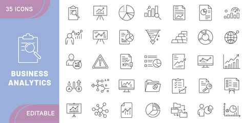 Business Analytics Icon Set – Data Analysis, Statistics, Charts, Graphs, Report, Dashboard, KPI, Growth, Strategy, Financial Metrics, and Insights in Modern Line Style