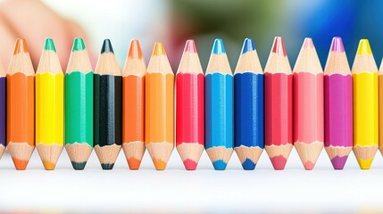 Colorful pencils arranged in a horizontal row.
