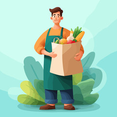Cartoon vector illustration of a man holding a large grocery bag, symbolizing shopping and daily responsibilities