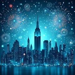 Fototapeta premium City skyline at night with vibrant fireworks