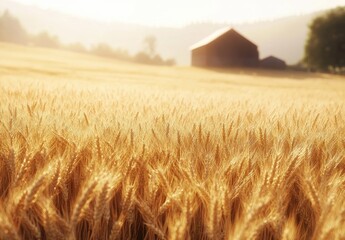 Golden wheat field with barn in soft morning light