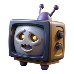 A stylized cartoonish 3d render of an old television with a spooky skull face and glowing yellow eyes isolated on transparent background