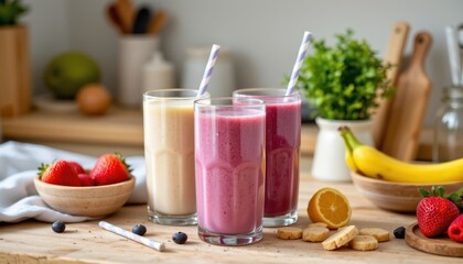 20250703230941list 121 charming smoothie set in the kitchen corner on a beige background, in a warm food photography style, with direct softness, clear composition, high resolution