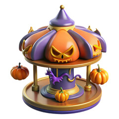 3D render halloween carousel featuring a jack o' lantern centerpiece surrounded by pumpkins and a purple dragon isolated on transparent background