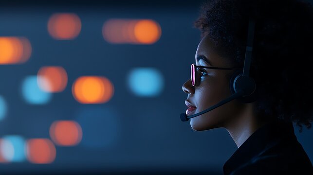 Focused woman in headset, tech support, bokeh lights