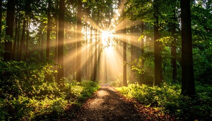 Fototapeta premium Sunlight streams through forest path