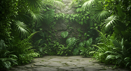 Lush Green Jungle Scene with Dense Tropical Foliage and Stone Pathway