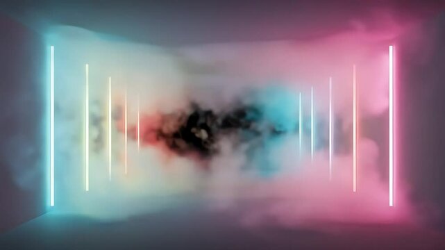 Illuminated Room with Neon Light and Rising Smoke Effect Slow Motion