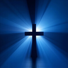 assumption day | Dark Cross Illuminated By Radiant Blue Light Rays religious Christian