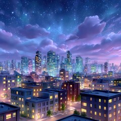 Fototapeta premium Night city skyline, stylized illustration