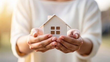 Blurred close-up of hands gently holding delicate paper house model representing prayer and hope
