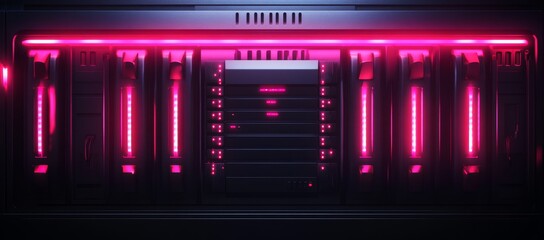 Obraz premium Futuristic server rack with neon pink lighting.