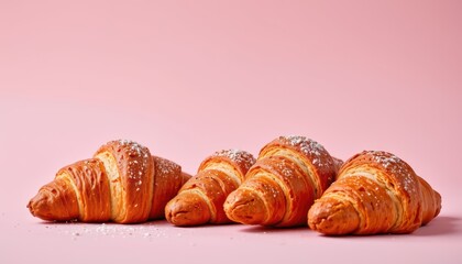 charming croissant set in the bar corner on a pink background, in a warm food photography style, with soft softness, clear composition, high resolution
