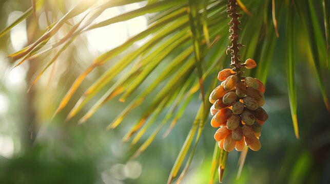 A cluster of fresh dates hanging low enough to touch against a backdrop of green fronds