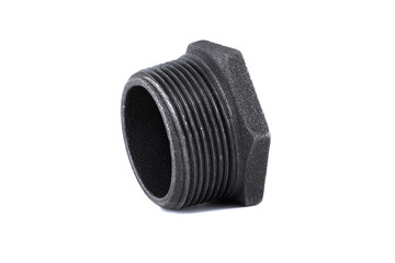 A close-up of a black, threaded pipe fitting, isolated on a white backdrop.