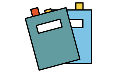 Simple line drawing icon of several books with sticky notes