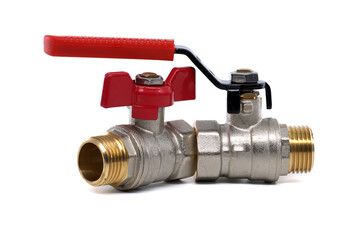 A brass ball valve with a bright red handle, perfect for plumbing projects.
