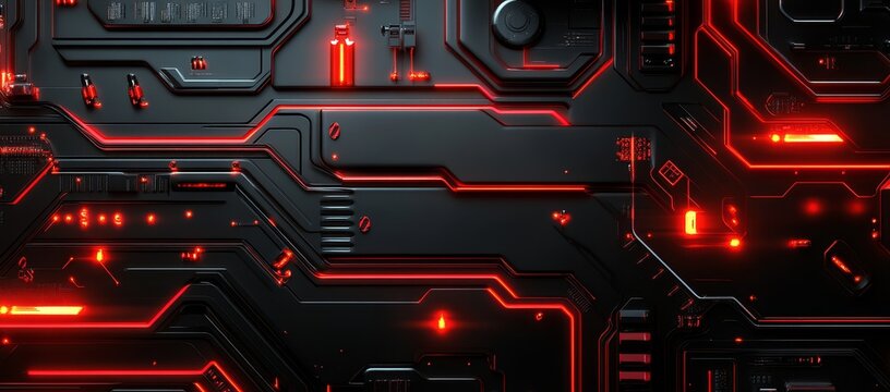 Futuristic circuit board with glowing red lines.