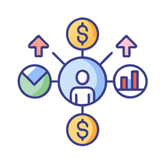 Business performance overview with graphs, money, and a person