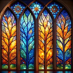 Vibrant stained glass window depicting stylized trees with colorful luminous patterns in a gothic architectural style