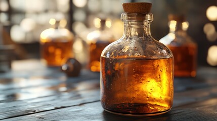 Antique apothecary bottles filled with amber elixir resting on a aged wooden counter