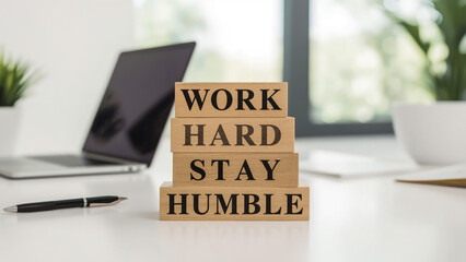 Work Hard, Stay Humble: Motivational Wooden Blocks on a Workspace Desk