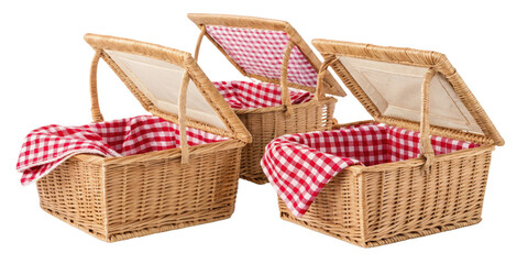 Obraz premium Picnic baskets with red checkered lining are perfect for outdoor gatherings and enjoying meals in nature
