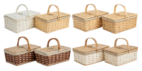 Woven picnic baskets various colors and sizes are perfect for outdoor gatherings and family outings. Each basket features sturdy handle and lid