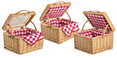 Beautiful picnic baskets with red and white checkered lining are perfect for outdoor gatherings and enjoying nature