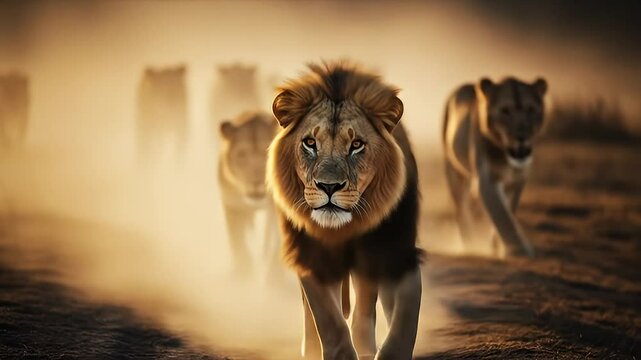 Male lion running with pride through dusty savanna. 4K Video
