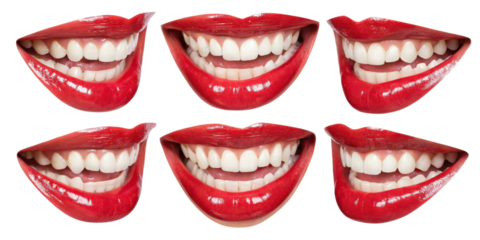 Bright red lips showcase variety of smiles, each radiating joy and confidence. perfect blend of beauty and expression captivates viewer