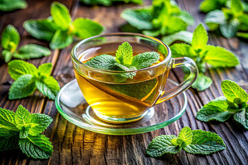 Refreshing Close-Up of Mint Tea with Fresh Mint Leaves, Created with AI Generative