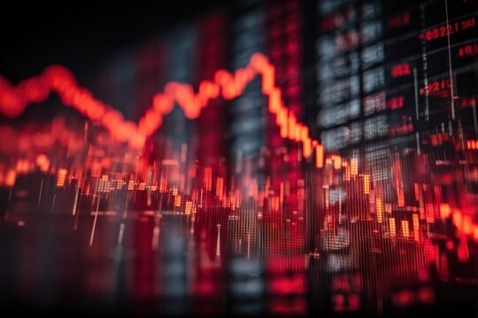 Dynamic red financial stock market graph with declining trend indicating market downturn and trading data visualization on digital screen
