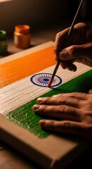 Artist's Hands Painting the Indian Flag: Impasto Texture, Warm Lighting