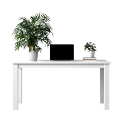 Modern Workspace with Laptop and Green Plants on a White Desk