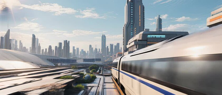 Futuristic city transport A modern train speeds past a sleek cityscape, symbolizing future mobility and urban advancement.