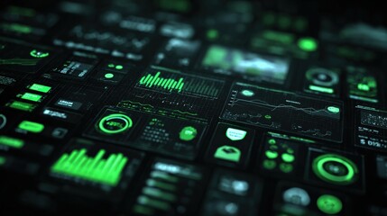 High-tech digital interface with futuristic holographic screens displaying charts and graphs in neon green and black
