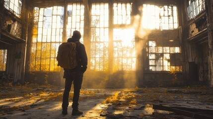 Fototapeta premium Lone Explorer with Backpack and Camera in Abandoned Space