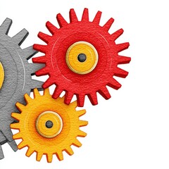 Interlocking Red Gray Yellow Gears Mechanical Texture White Background