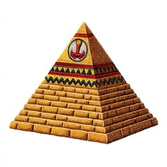 Intricate Gold Pyramid Illustration with Red and Black Patterns