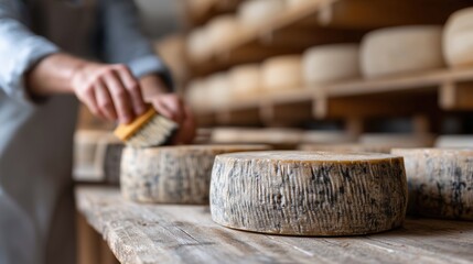 Artisan Cheese Aging Process in Traditional Dairy Cellar with Wooden Shelves