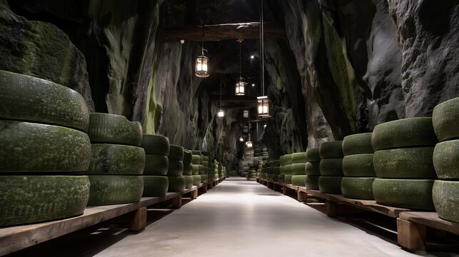 Aged Cheese Wheels in Rustic Cave Cellar with Atmospheric Lighting - Powered by Adobe