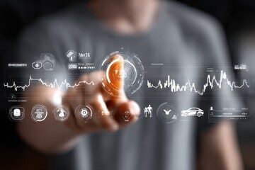 High-tech futuristic digital interface with holographic charts and icons interacting with hand in a modern technology environment