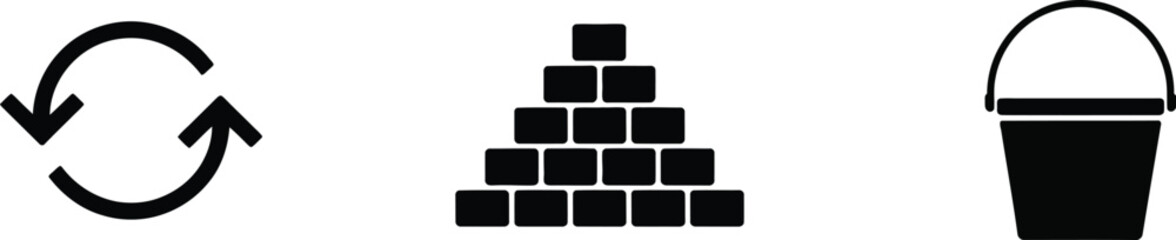 Stock vector illustration of refresh icon, pyramid of blocks and bucket isolated on white background