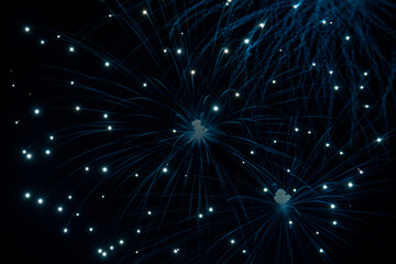 Telephoto shot of an exploded blue firework in the night sky.